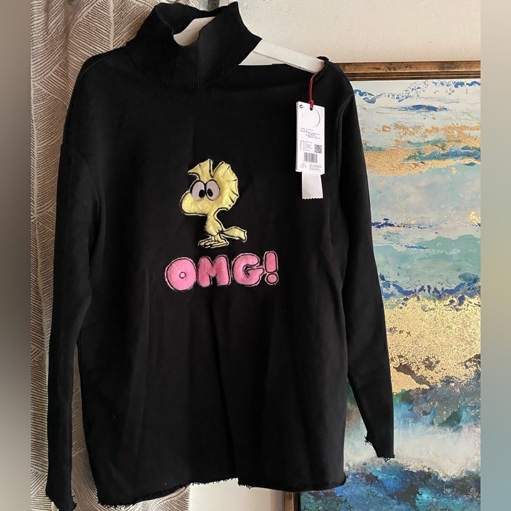 Ochirly x peanuts black turtleneck sweater with one shoulder bareâsize medium